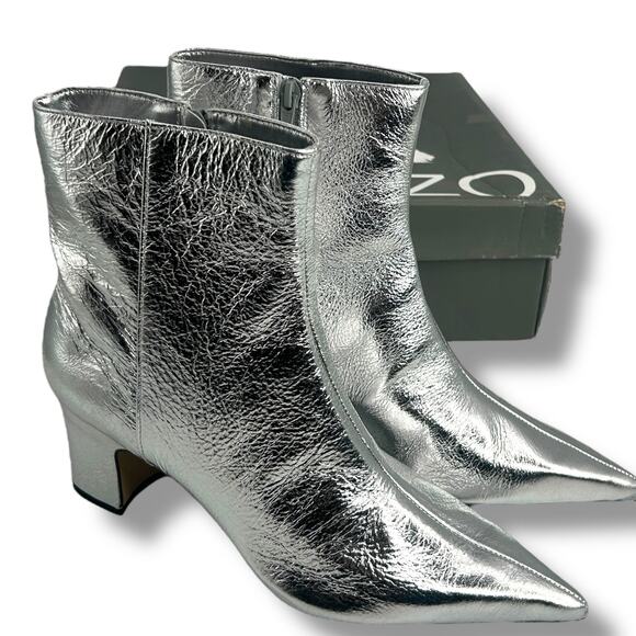 NEW Arezzo Silver Leather Booties Size 10B Mirror Metallic Pointy Toe Ankle Boot - Picture 1 of 13